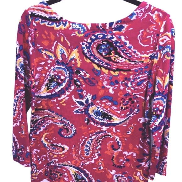 Rafaella Medium Pink Paisley Long Sleeve Button Shoulder Stretch Knit Top - Picture 1 of 5